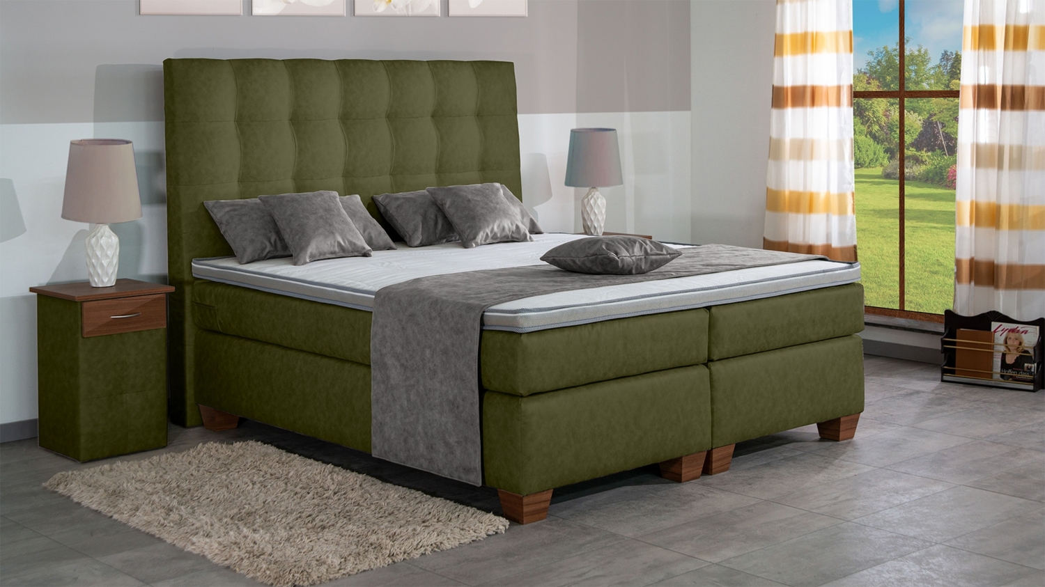 Meisterbetten Boxspringbett Nora 140x220 in MS-Olive, Matratzenbezug Nano, Komfortschaum-Topper Bild 1