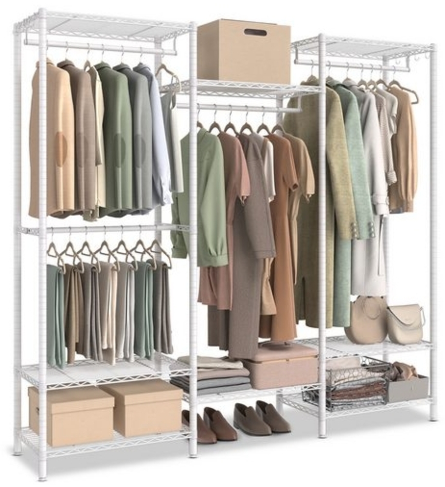 SONGMICS Kleiderständer, offener Kleiderschrank, Garderobe aus Metall, Garderobenständer mit verstellbaren Ablagen und Kleiderstangen, Haken, hochbelastbar, trennbar, wolkenweiß LGRDE431W01 Bild 1