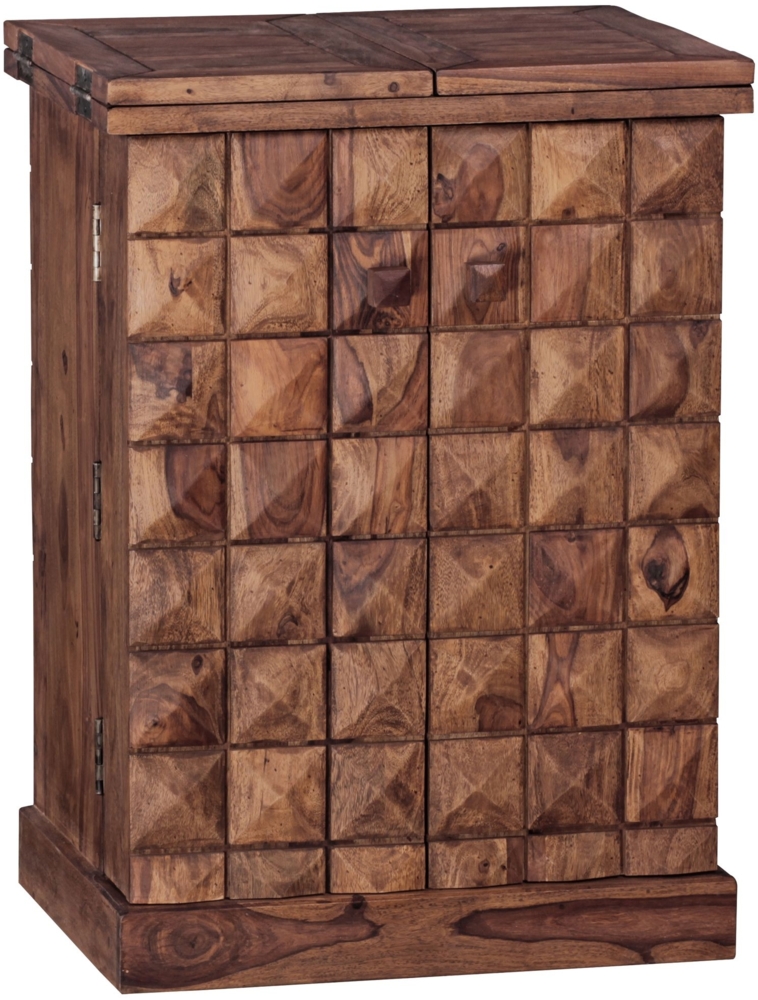 Hausbar Sheesham Massivholz 65x91x50 cm Weinbar ausklappbar, Kleine Bar modern, Barschrank mit Türen, Spirituosenschrank mit Aufbewahrung für Flaschen und Gläser Bild 1