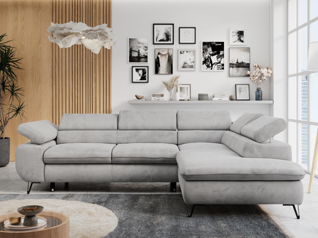 Ecksofa mit Bettfunktion, Modern Sofa, L-form, Einstellbare Kopfstützen, Bettkasten, PETER, 1x Ecksofa, 1x Topper, Hellgrau, Velours, rechts Bild 1