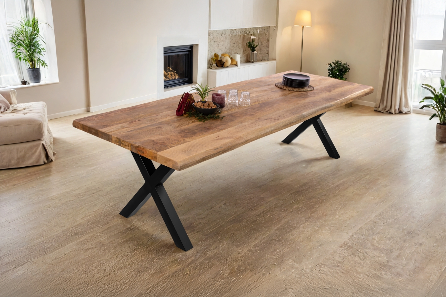 Esstisch Baumkante massiv Mango 280 x 100 X-Gestell schwarz CALI 140107774 Bild 1