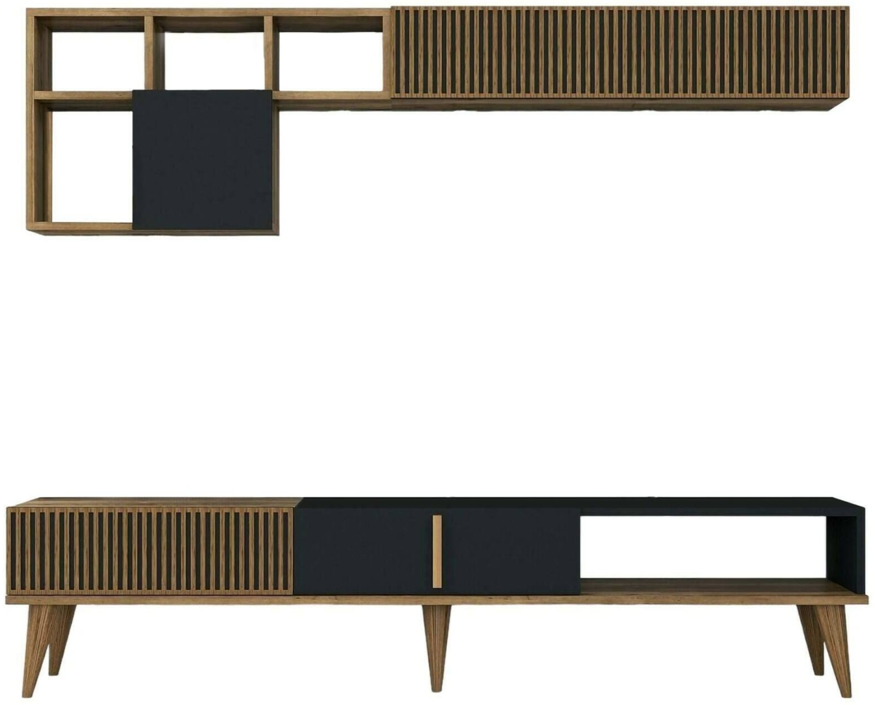 Dmora Wohnzimmermöbel Ostro, Modulares Wohnzimmerset, Mehrzweck-Wohnzimmermöbel, Moderner TV-Schrank, 180x35h40 cm, Walnuss und Anthrazit Bild 1