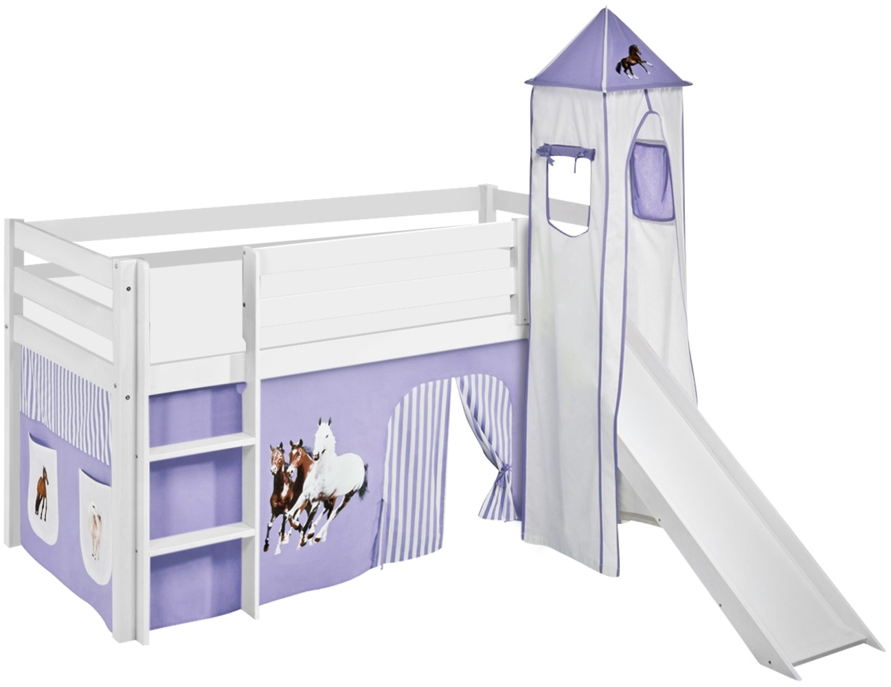 Lilokids 'Jelle' Spielbett 90x200 cm, Pferde Lila Beige, Kiefer massiv, mit Turm, Rutsche und Vorhang Bild 1
