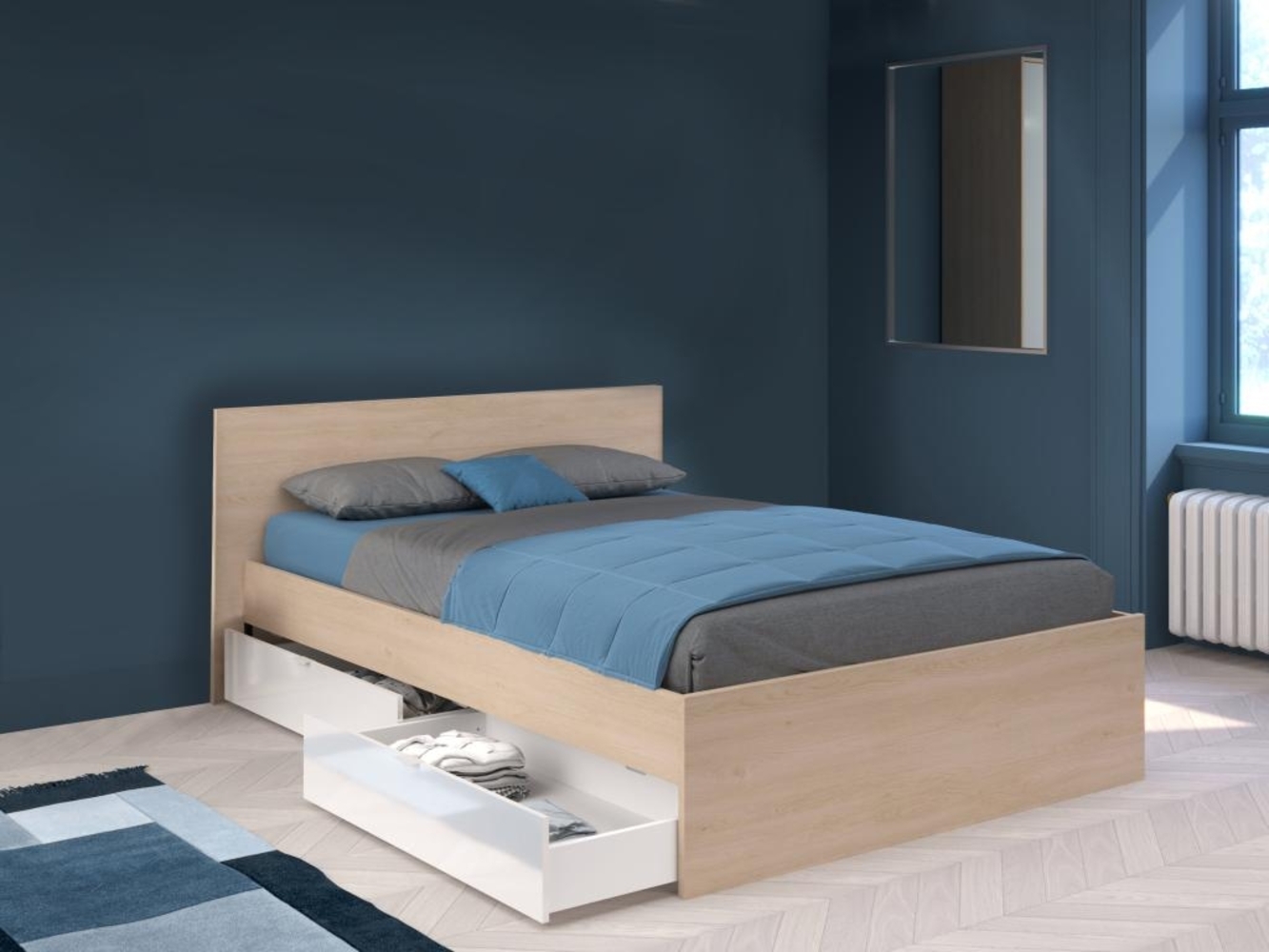 Vente-unique - Bett mit 2 Schubladen - 140 x 190 cm - Holzfarben & glänzend weiß - VELONA Bild 1
