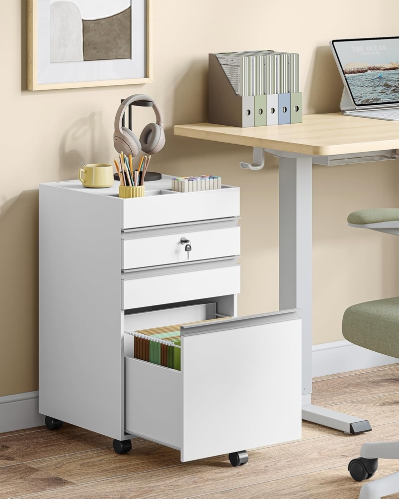 Rollcontainer, Aktenschrank, abschließbarer Büroschrank mit 3 Schubladen, zusätzlichem Stauraum Oben, Schubladenschrank für A4, Letter, für Büro, Homeoffice, Weiß Bild 1