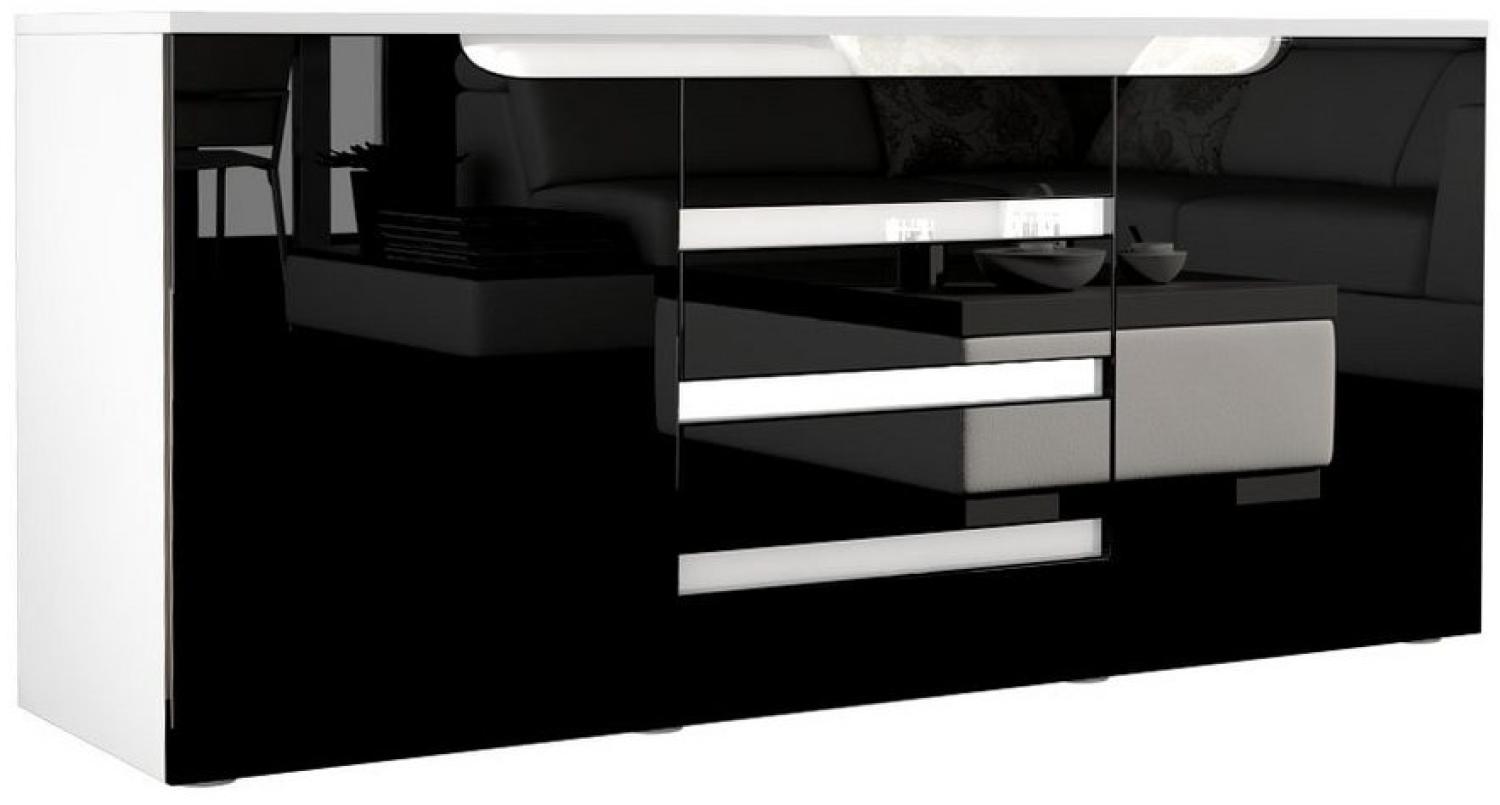 Sideboard Kommode Sylt V1, Korpus in Weiß matt / Front in Schwarz Hochglanz mit Absetzungen in Weiß Hochglanz (139 x 72 x 35) Bild 1