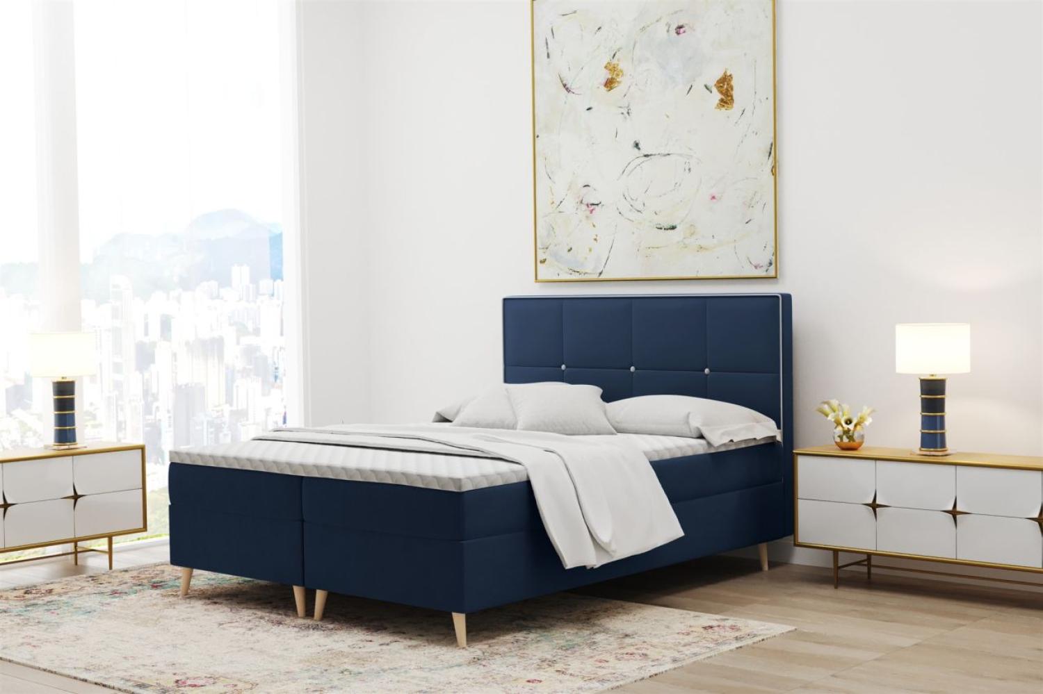 Boxspringbett Schlafzimmerbett RENAN 160x220cm in Stoff Riviera Dunkelblau Bild 1