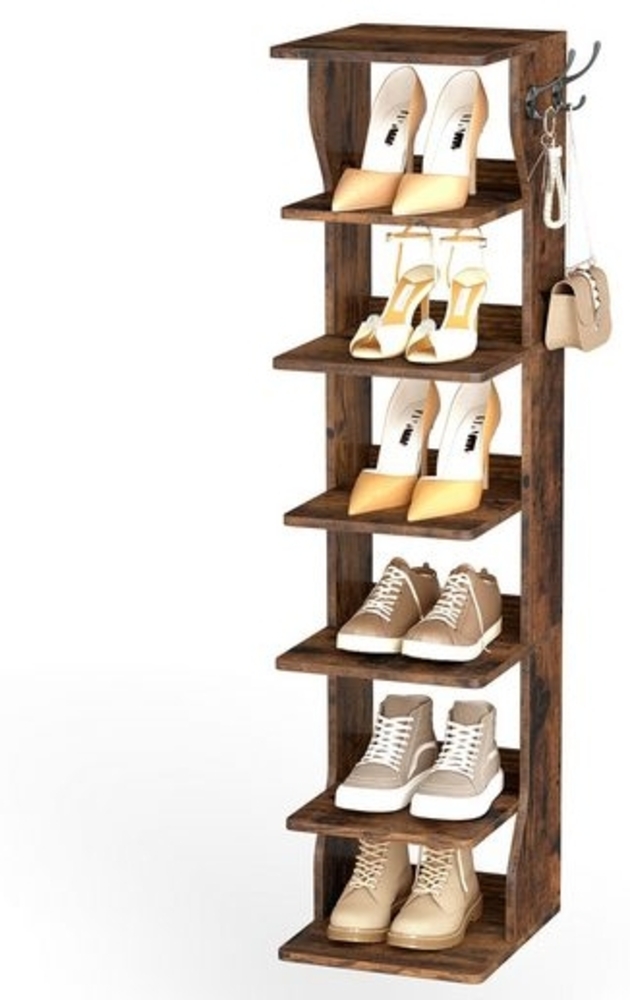 VASAGLE Schuhregal schmal, Standregal mit 7 Ebenen, platzsparend, für Eingangsbereich, Ecke, Schuhablage, vintagebraun Bild 1