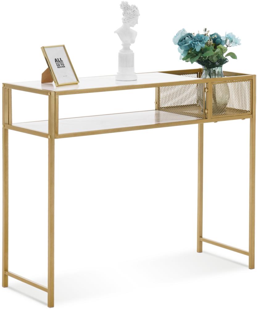 M MCombo Konsolentisch Schmal Marmor Gold, Modern Beistelltisch mit 2 Ablage & Metallgestell, Eingangstisch für Flur Wohnzimmer Schlafzimmer, 110×40×90cm, 2276 Bild 1