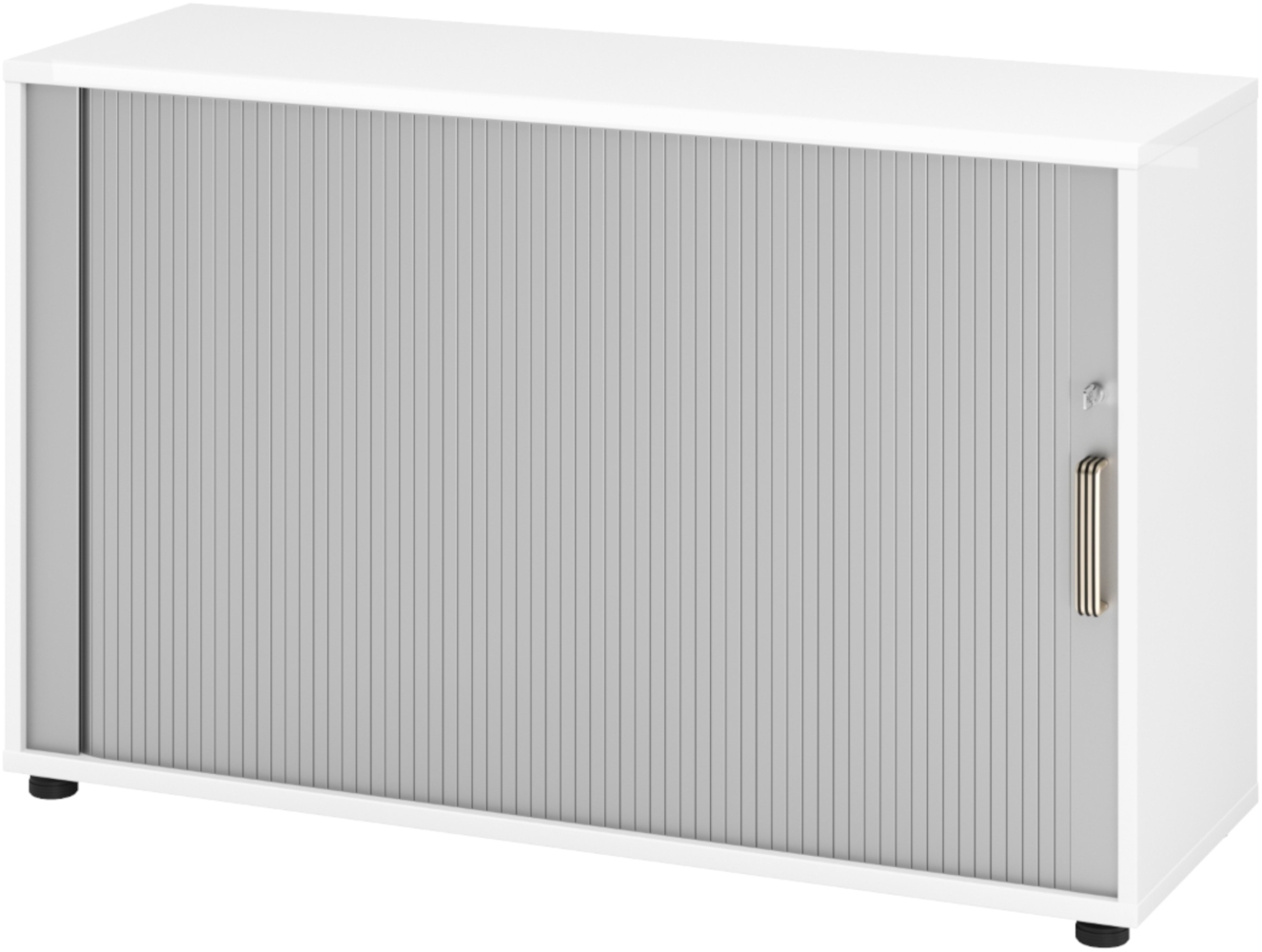 bümö Aktenschrank abschließbar mit Rollladen, Rollladenschrank für Ordner & Co. - Büroschrank mit Rollo, abschließbarer Ordnerschrank aus Holz in Weiß/Silber mit Streifengriff, 1732S-W-S-SG Bild 1