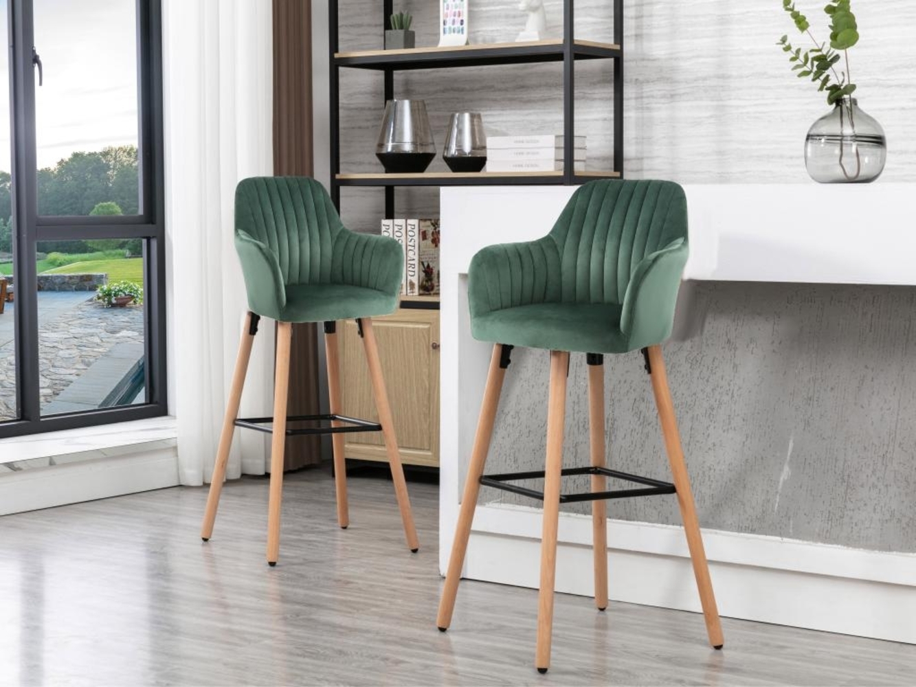Vente-unique - Barhocker - Samt & Buche - Dunkelgrün - ELEANA Bild 1