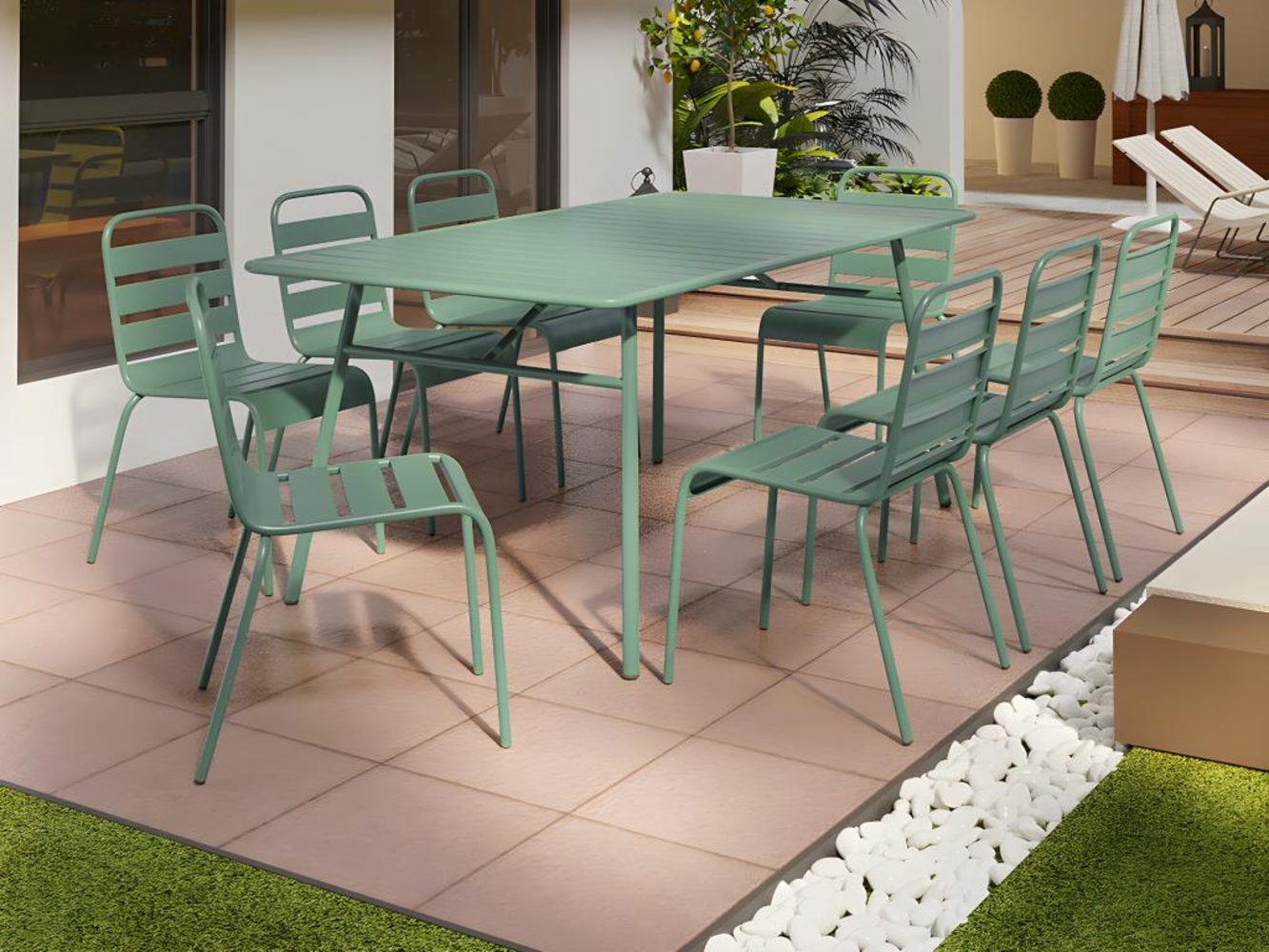 Vente-unique - Garten-Essgruppe: Tisch L. 200 cm + 8 stapelbare Stühle - Metall - Mandelgrün - MIRMANDE von MYLIA Bild 1