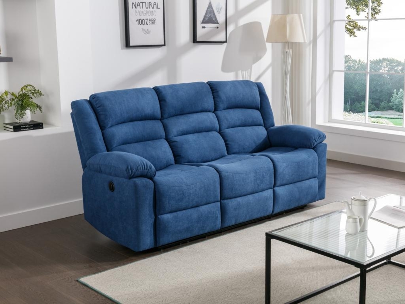 Vente-unique - Relaxsofa 3-Sitzer elektrisch - Stoff - Blau - BUROLO Bild 1