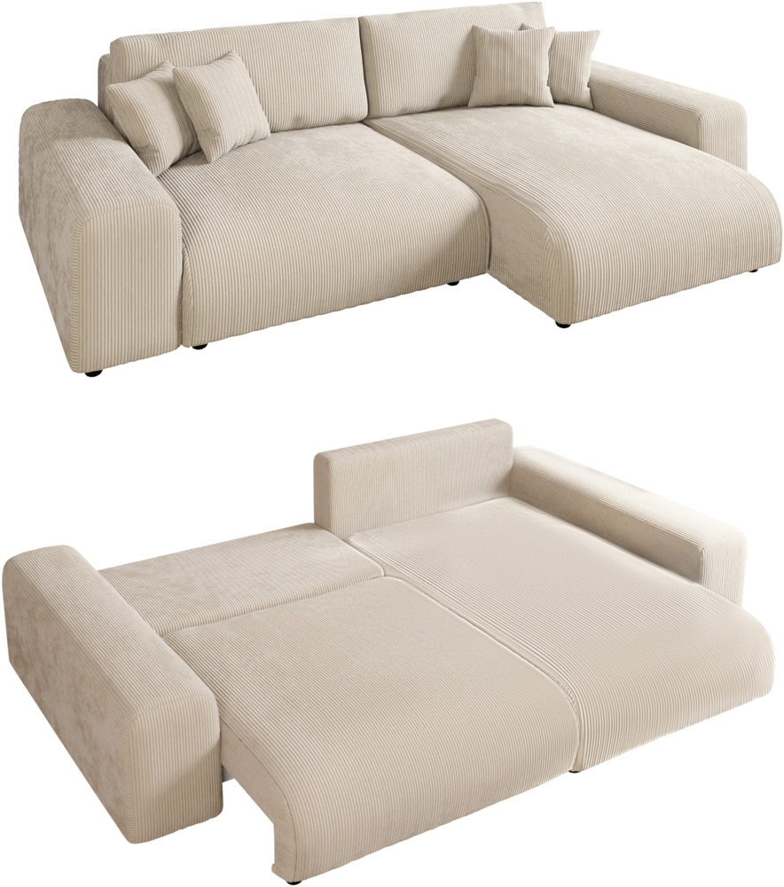 ECKSOFA mit Schlaffunktion, Bettkasten, Wellenunterfederung, seitenverkehrt montierbar B255/T165/H84 cm, Liegefl. 148x196 cm, Cord Beige Bild 1