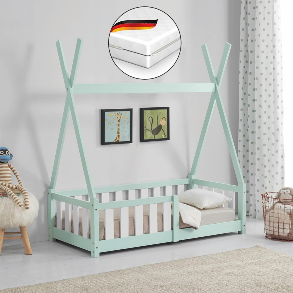 DELUKE® Kinderbett 70x140 YUMA - mit Matratze Lattenrost Rausfallschutz Tipi-Optik Tipibett Einzelbett Hausbett Kinderzimmer Bodenbett Montessori Bett Mintgrün Bild 1