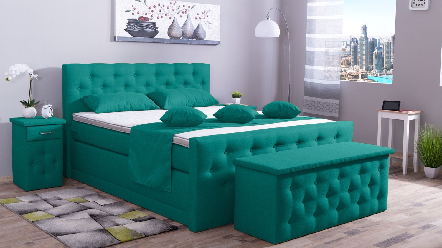 Meisterbetten Boxspringbett Babo 140x200 in WT-Türkis, Matratzenbezug Nano, Komfortschaum-Topper, mit Fussteil Bild 1