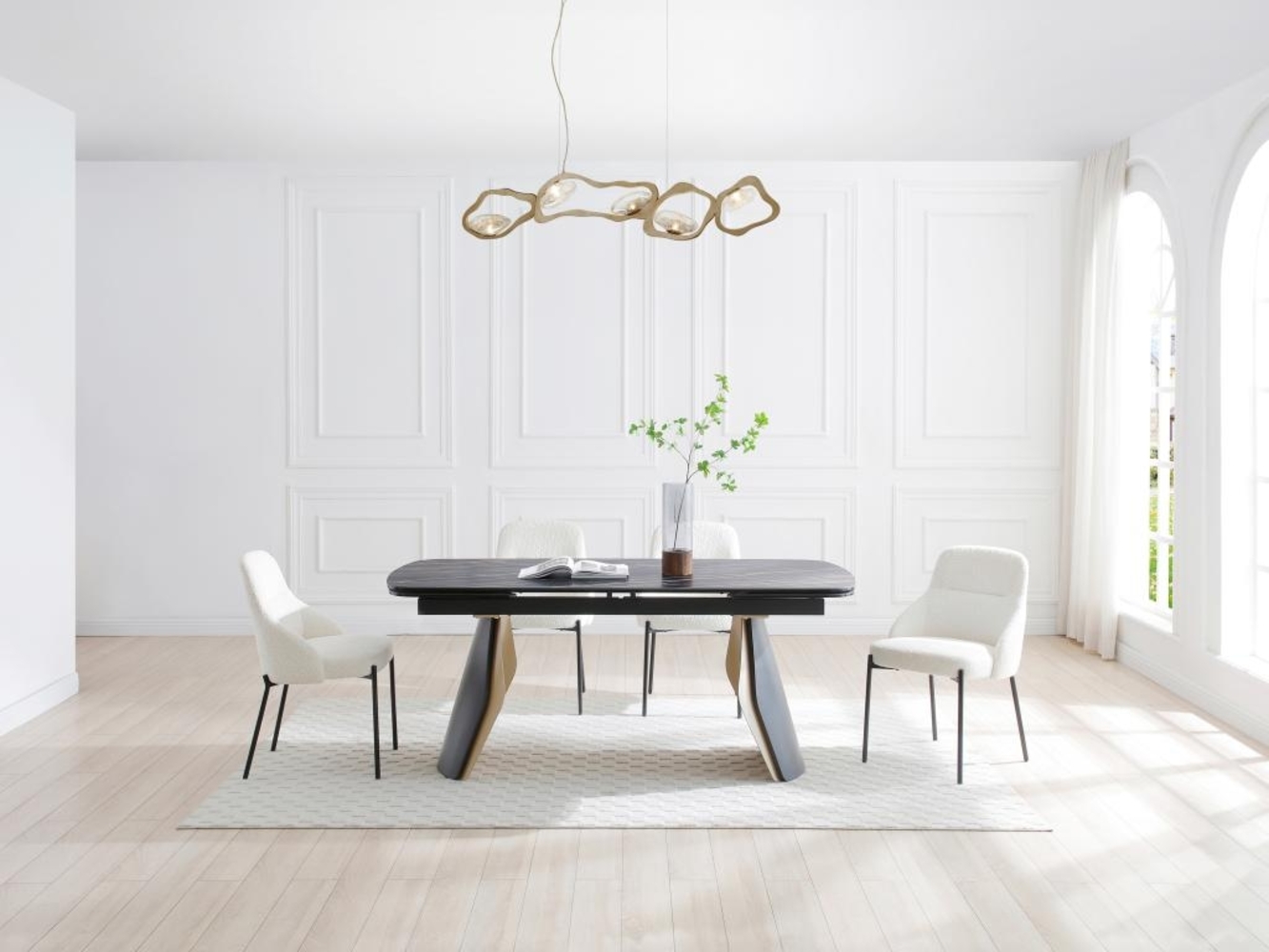 Vente-unique - Esstisch ausziehbar - 6 bis 10 Personen - Keramik, Sicherheitsglas & Metall - Marmor-Optik Schwarz & Goldfarben - ZINORIA von Maison Céphy Bild 1