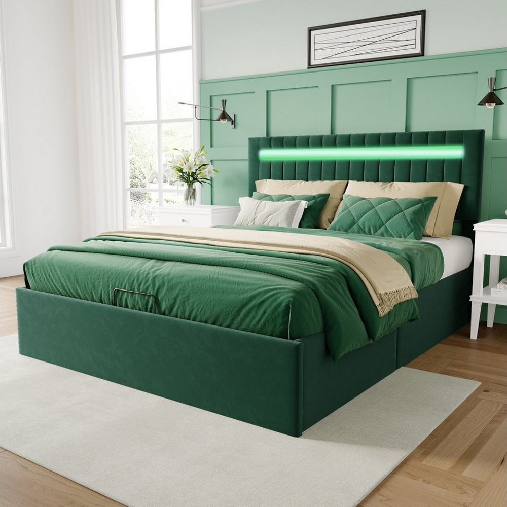 PXloue Polsterbett Stauraumbett Doppelbett (Luftdruckhebel anhebbarer Bettstauraum), Mit LED-Beleuchtung, Bettkasten, Samt, 140x200 cm, (Ohne Matratze) Bild 1