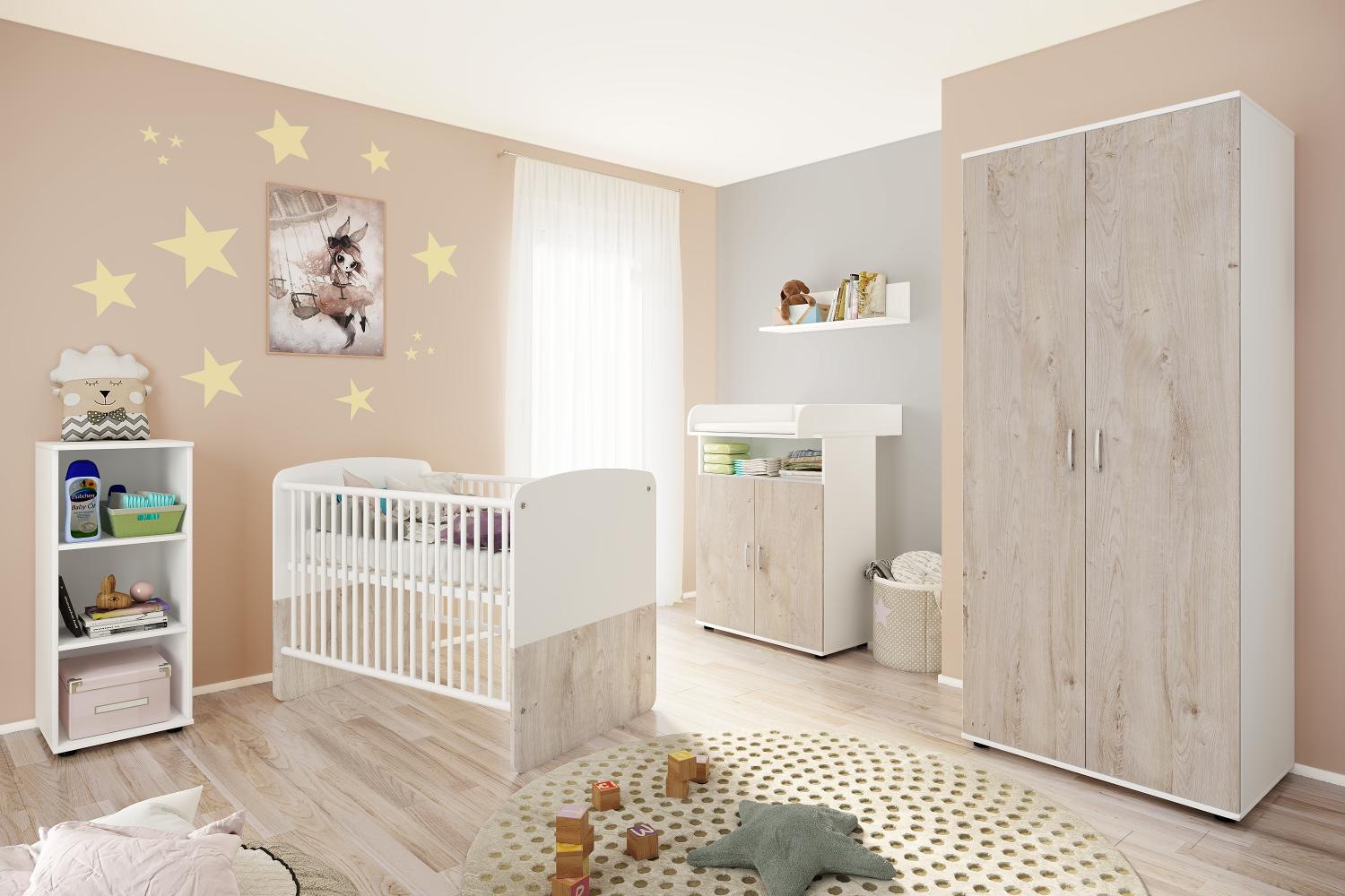 Hanna Set 4: best. aus Babybett, Kommode, Wickelaufsatz, Wandboard, Regal mit 3 Fächern und Kleiderschrank 2-trg. Bild 1