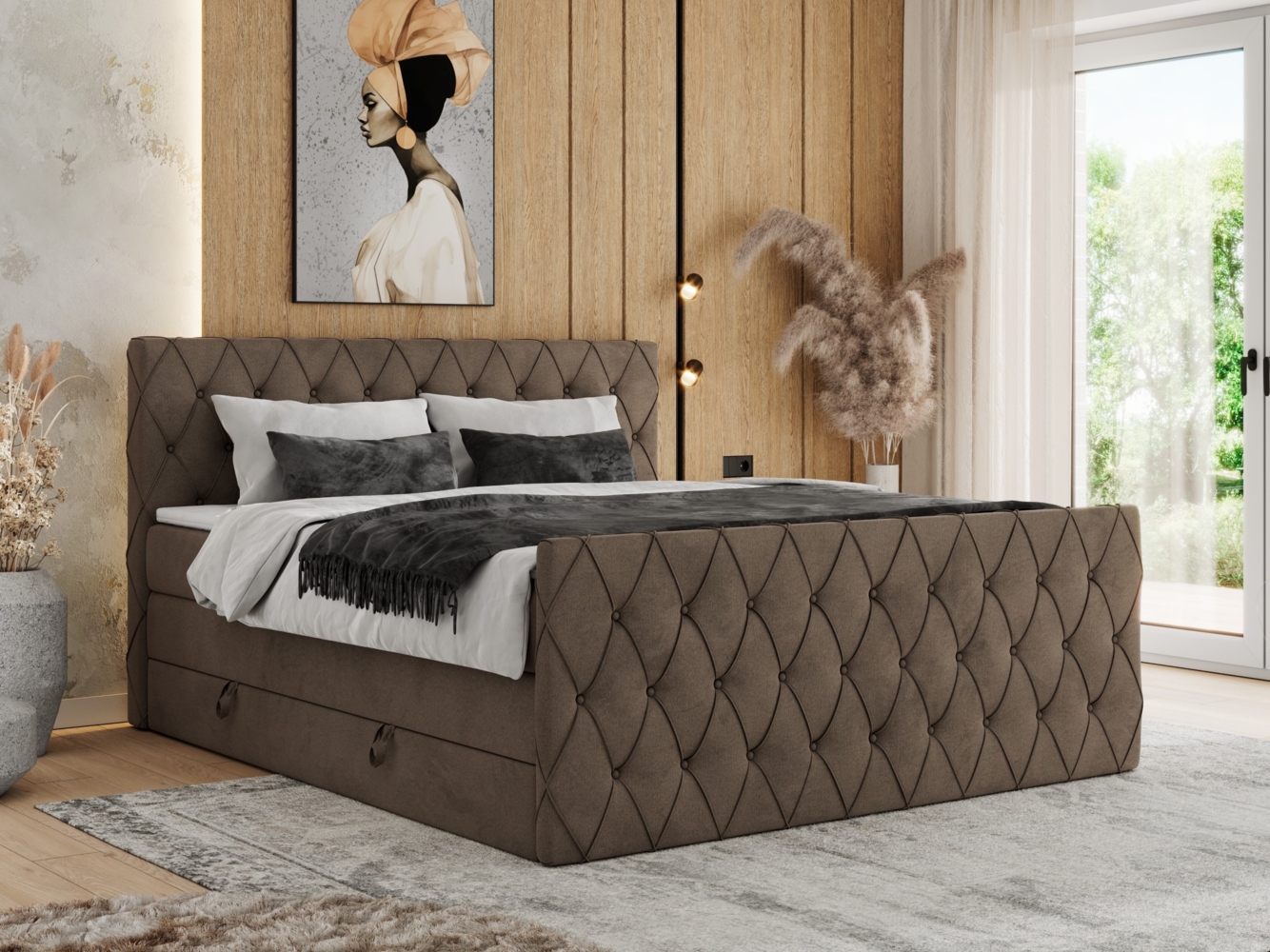 Boxspringbett, Doppelbett mit Fußteil, Multipocket-Matratzen und Topper, gestepptes Kopfteil und Front - MIREN KING DUO - 120x200 cm - Braun Velours - H3 Bild 1