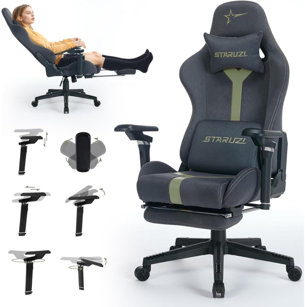 Gaming Stuhl Wildlederimitat Stoff Ergonomischer PC Gamer Fußstütze Grau-Grün Bild 1