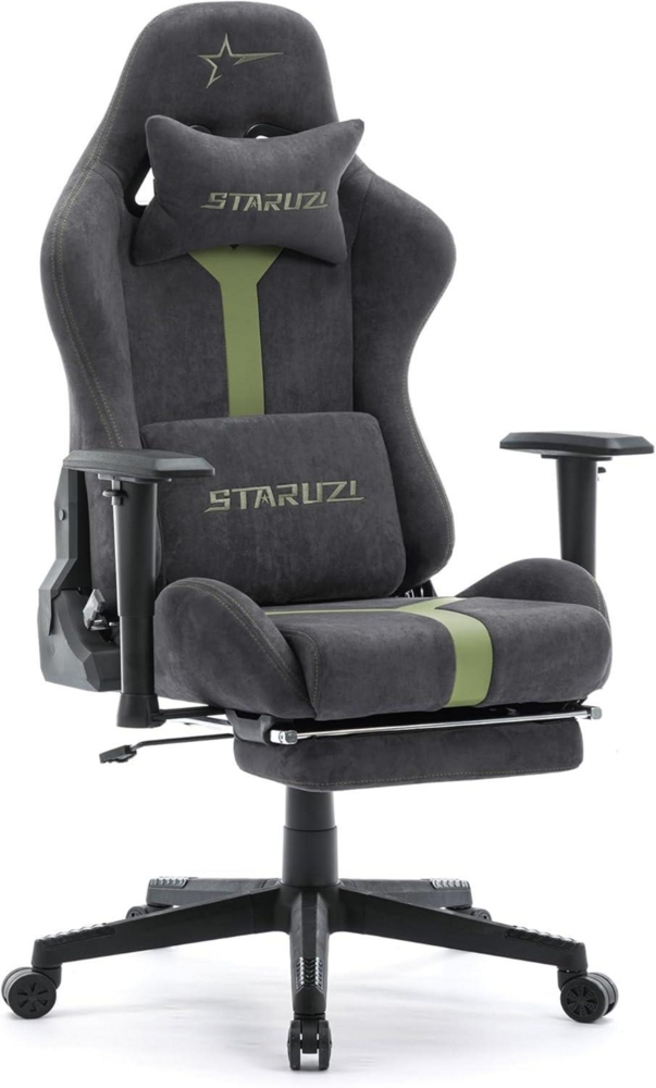 Gaming Stuhl Wildlederimitat Stoff Ergonomischer PC Gamer Fußstütze Grau-Grün Bild 1