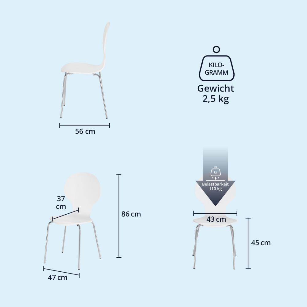 KHG 2er Set Stapelstühle Esszimmerstuhl Stuhl aus Schichtholz Weiß glänzend lackiert - Sitzhöhe 45 cm, Stuhlbeine aus Metall - stapelbar auch für Gastronomie geeignet Bild 1