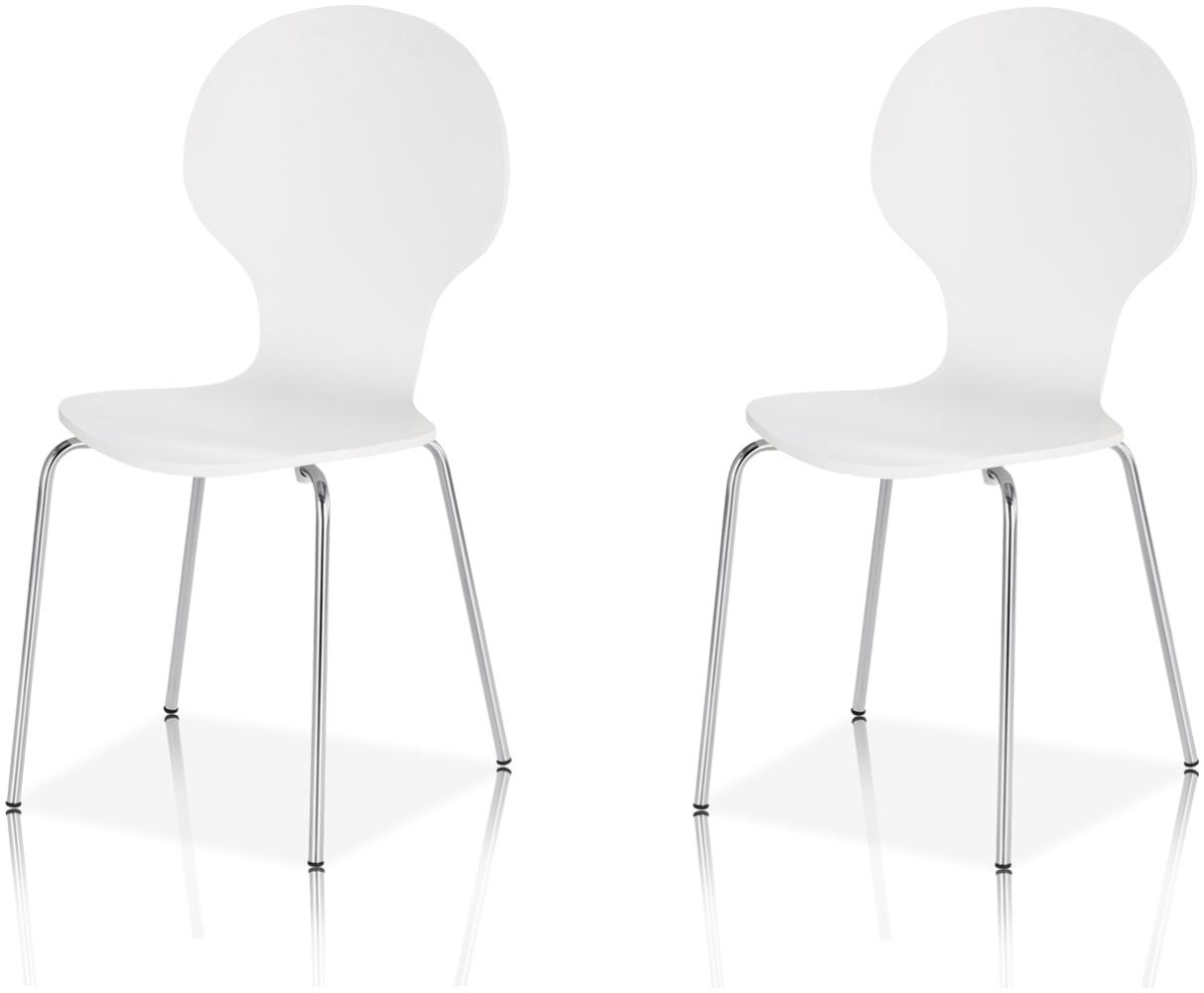 KHG 2er Set Stapelstühle Esszimmerstuhl Stuhl aus Schichtholz Weiß glänzend lackiert - Sitzhöhe 45 cm, Stuhlbeine aus Metall - stapelbar auch für Gastronomie geeignet Bild 1