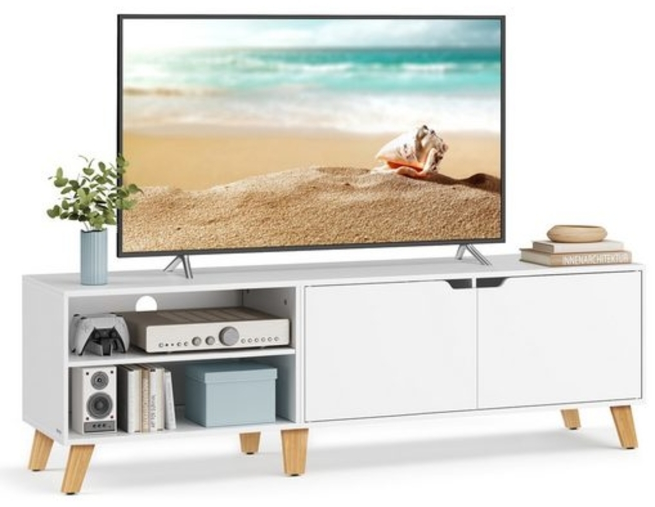 VASAGLE TV-Schrank, Fernsehtisch mit 2 Türen, 160 cm lang, TV-Regal für Fernseher bis zu 65 Zoll, verstellbare Ablagen, für Wohnzimmer, Esszimmer, Schlafzimmer, schneeweiß LTVDE030W01 Bild 1