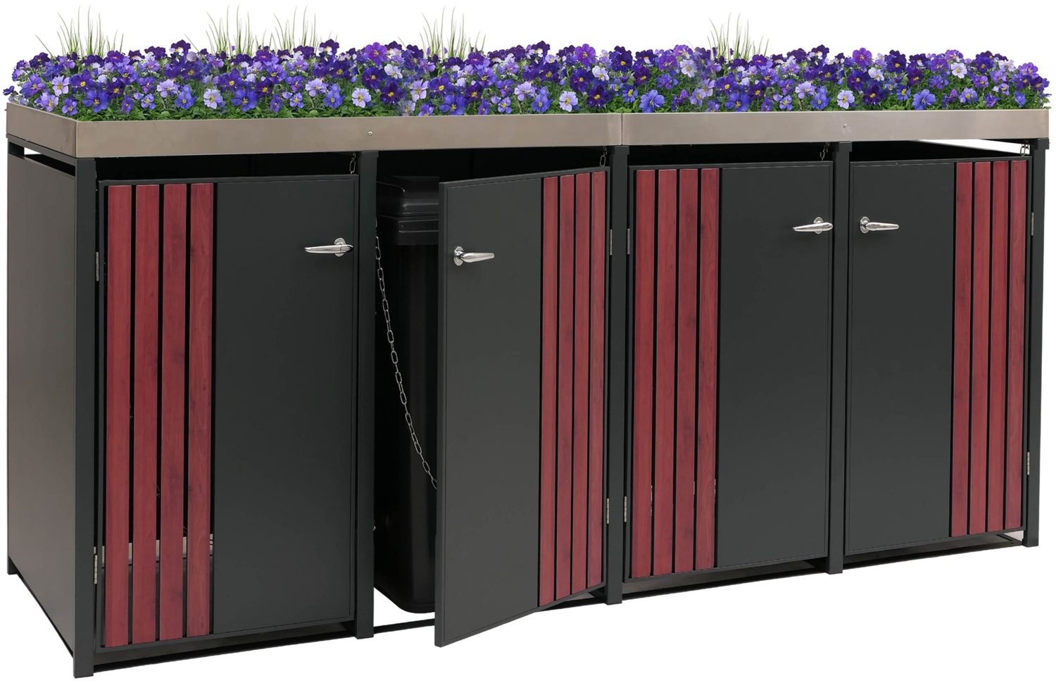 4er-Mülltonnenverkleidung HWC-O67, Mülltonnenbox mit Pflanzkasten, Metall 125x260x84cm 95kg ~ anthrazit Holzoptik dunkel Bild 1