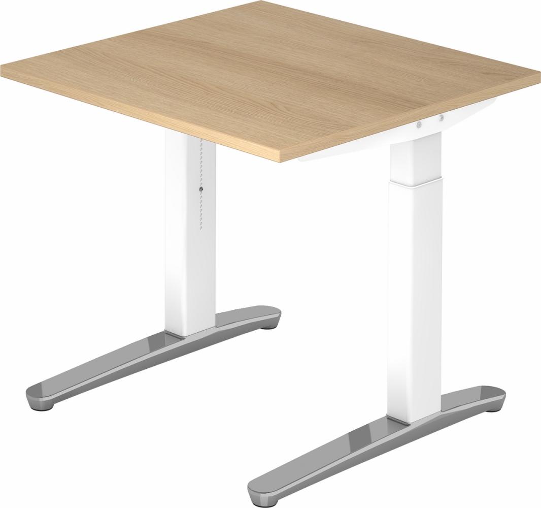 bümö® Design Schreibtisch XB-Serie höhenverstellbar, Tischplatte 80 x 80 cm in Eiche, Gestell in weiß/alu poliert Bild 1