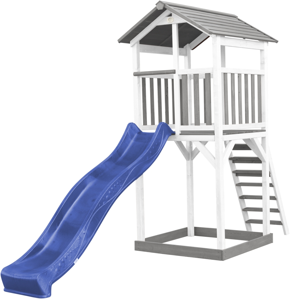 AXI Beach Tower Spielturm aus Holz in Weiß & Grau Spielhaus für Kinder mit blauer Rutsche und Sandkasten | Grau, weiß, blau | Holz | 349 cm Bild 1