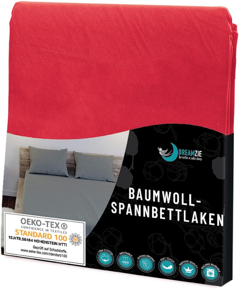 Jersey Baumwoll-Spannbettlaken Rot - Für Matratze 135 x 190 x 22 cm - Zertifiziert frei von chemischen Produkten (Oeko TEX), Spannbettlaken mit vollem Gummizug Bild 1