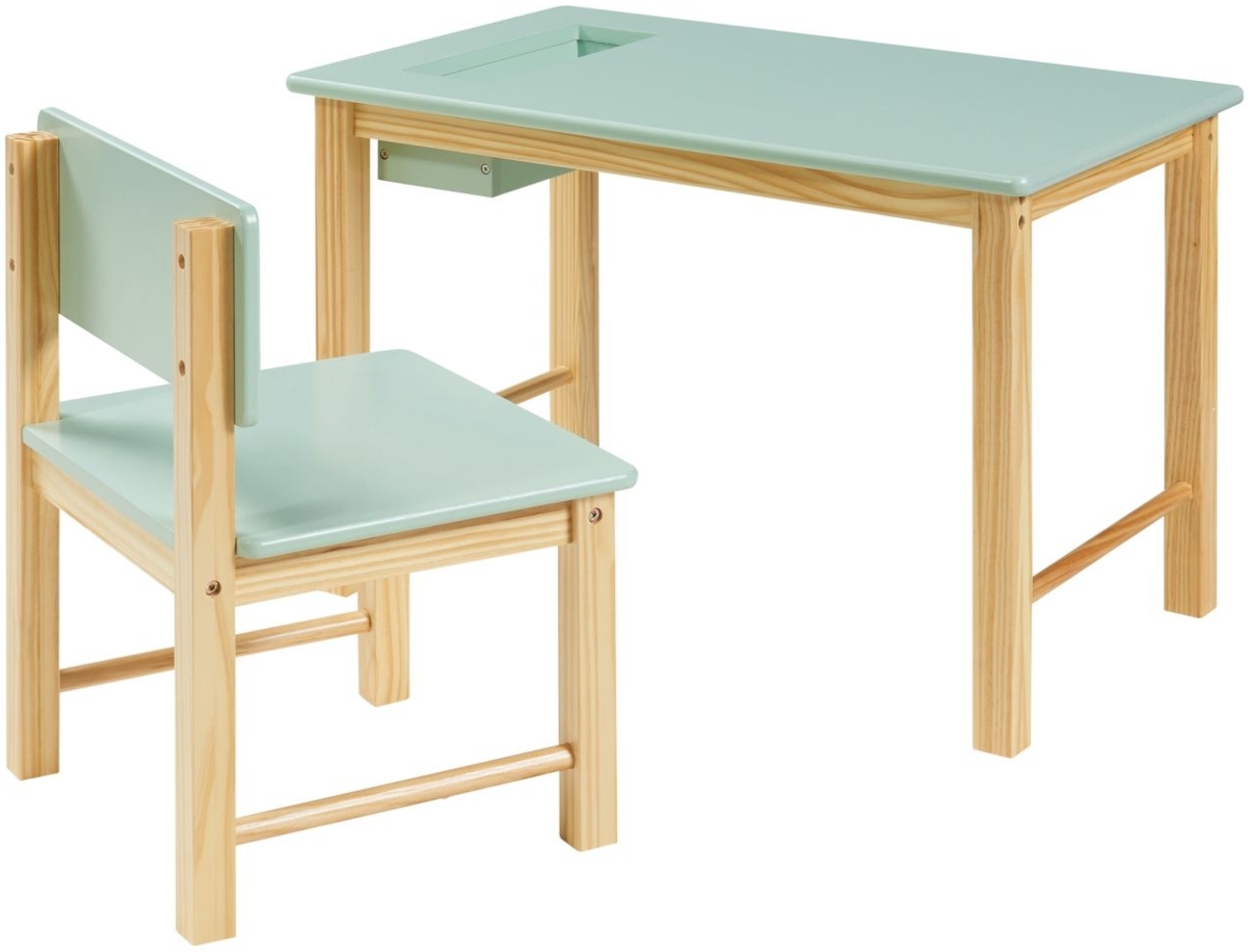 DELUKE® Kinderschreibtisch mit Stuhl JERRI - Kiefernholz Basteltisch mit Stuhl Kindertisch Maltisch Möbelset für Kinder Mintgrün Bild 1