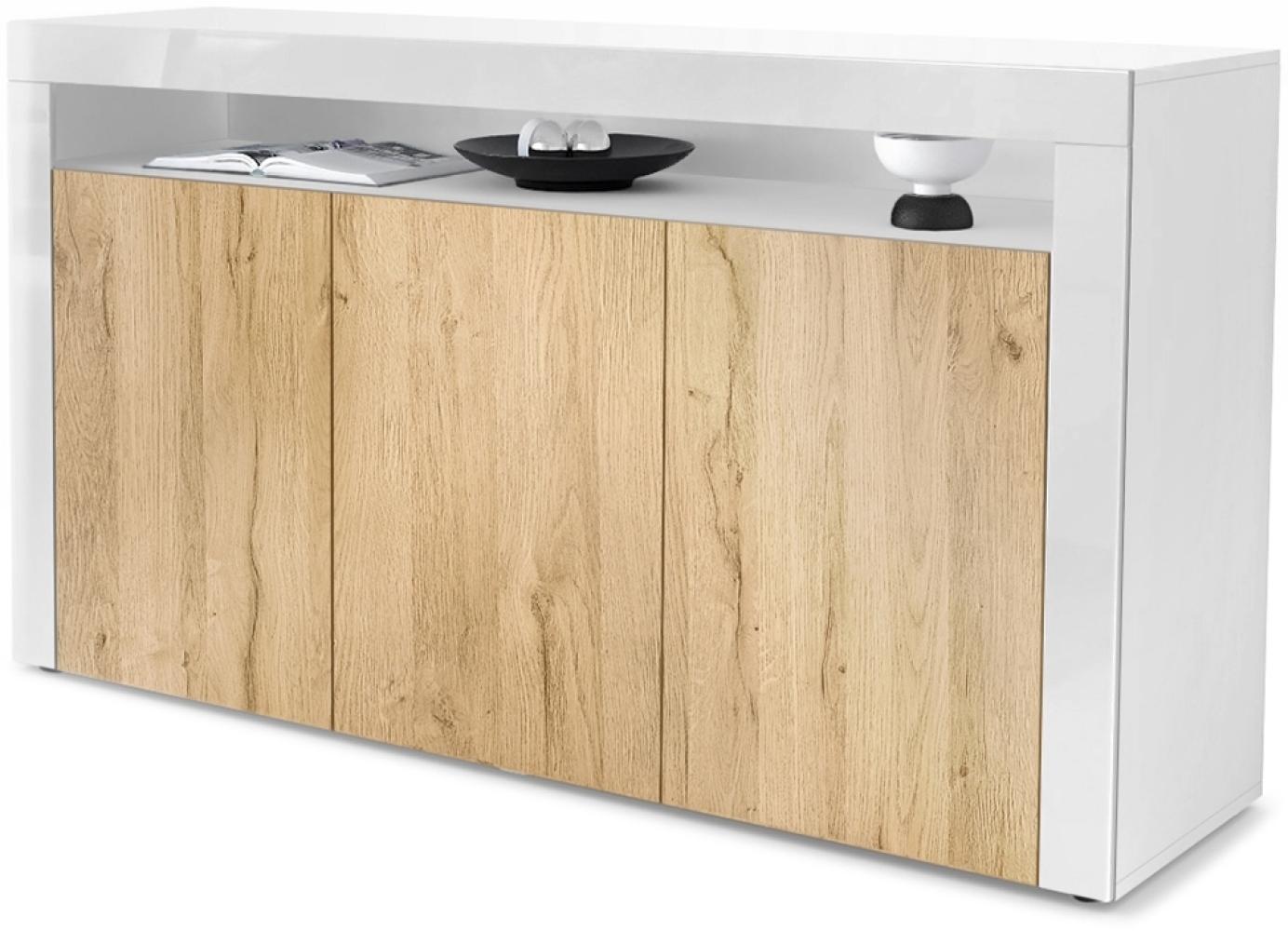 Vladon Sideboard Valencia, Kommode mit 3 Türen und 1 offenem Fach, Weiß matt/Eiche Natur/Weiß Hochglanz (155 x 92 x 40 cm) Bild 1