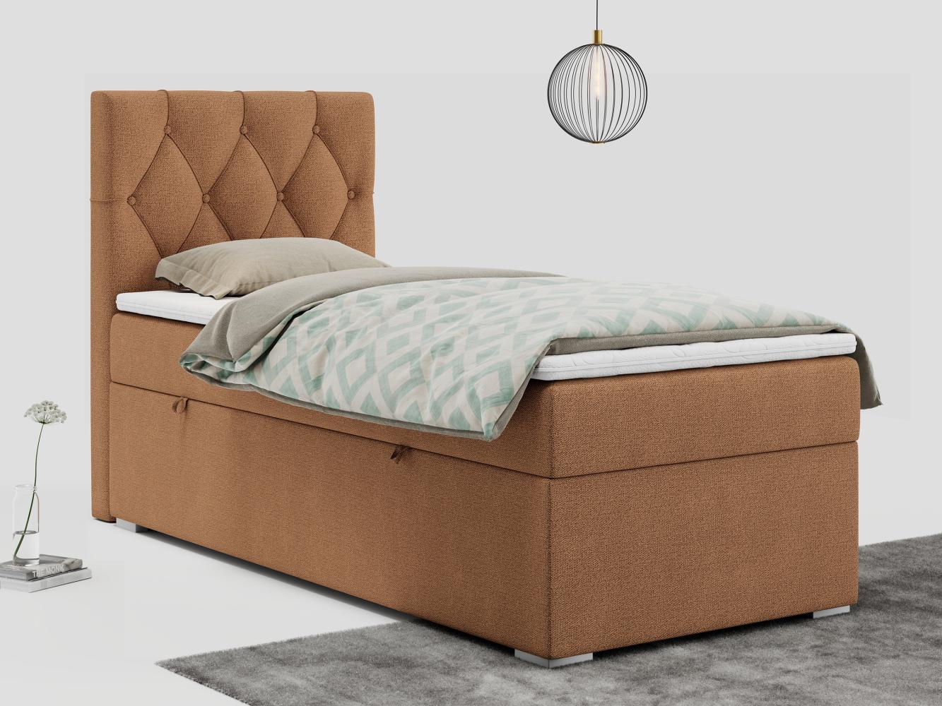 Boxspringbett ALDA, Einzelbett mit gestepptem Kopfteil und einem Bettkasten, 90x200 - Orange Stoff - links - H4 Bild 1