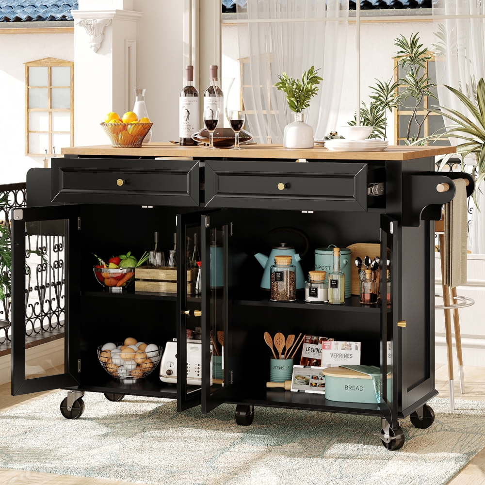 Servierwagen Küchenwagen Kücheninsel ausziehbar Sideboard mit Glas-Türen Schublade Regale Rollwagen Barwagen,Schwarz Bild 1