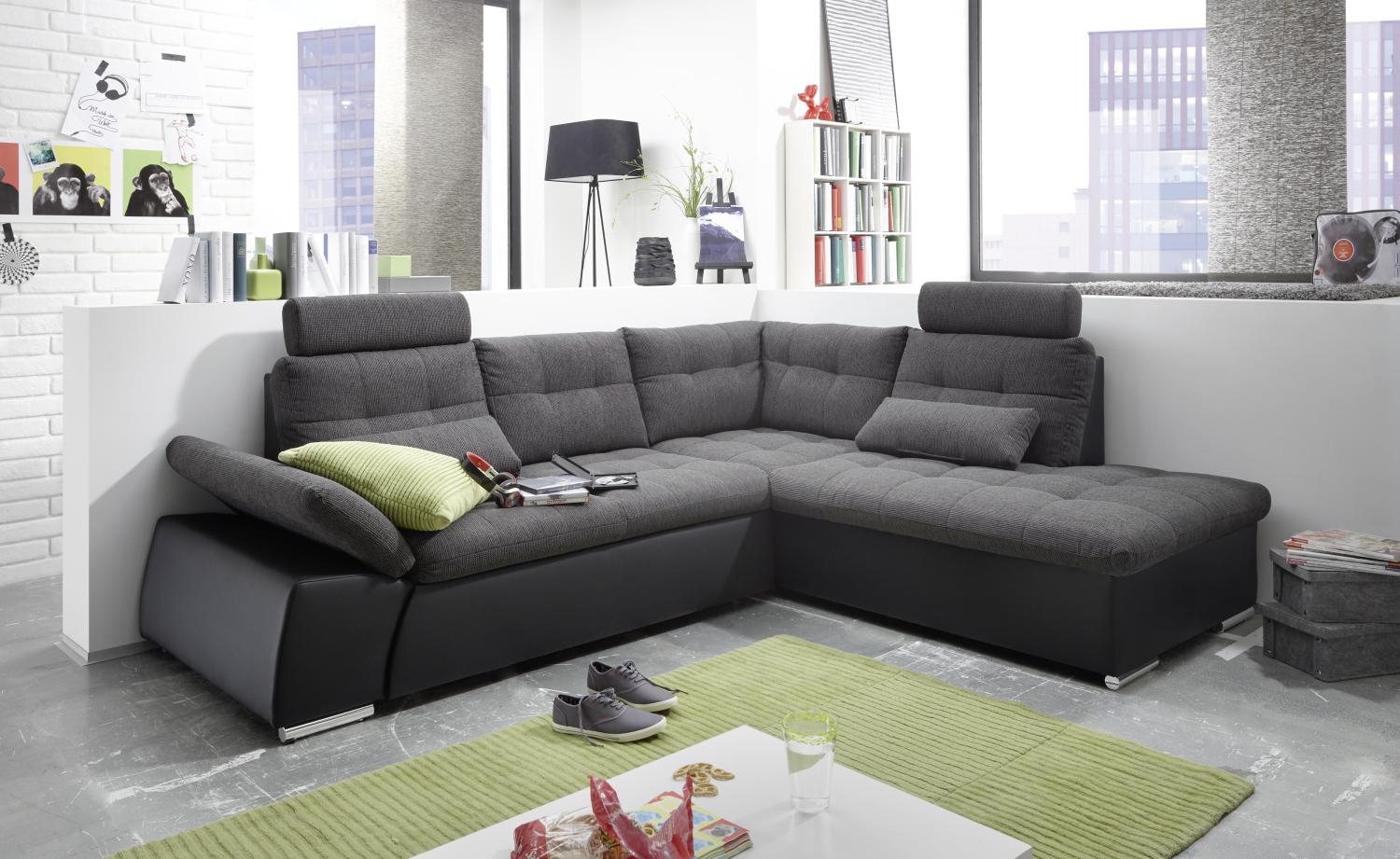 Ecksofa JAK Couch Schlafcouch Sofa Lederlook schwarz grau Ottomane rechts L-Form Bild 1