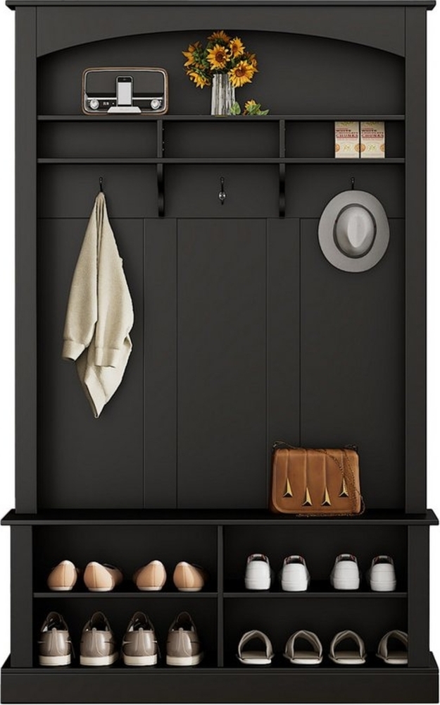 KLAM HOME Garderoben-Set Garderobenständer Garderobe mit Bank und Schuhablage H190/B120/T40 cm, (Mit Kippsicherung 3 hängenden Haken & offenem Stauraum), Wandgarderobe für Flur Diele Wohnzimmer Bild 1