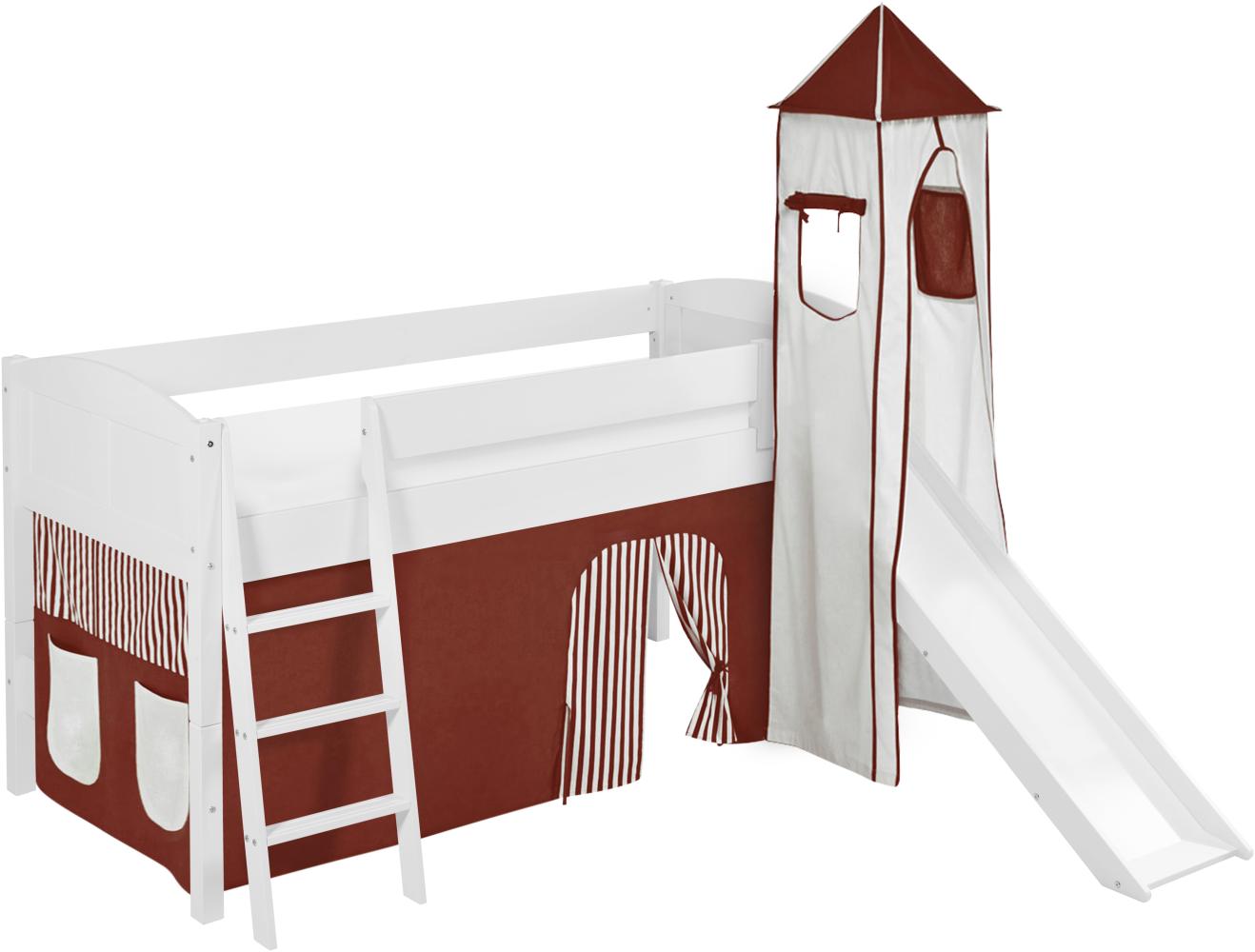 Lilokids 'Ida 4106' Spielbett 90 x 200 cm, Braun Beige, Kiefer massiv, mit Turm, Rutsche und Vorhang Bild 1