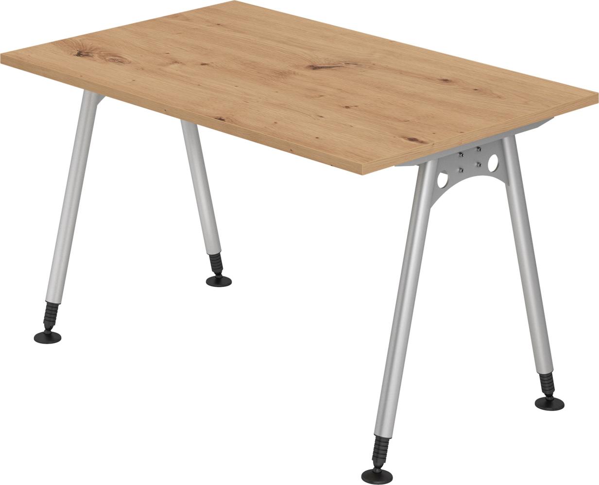 bümö® Schreibtisch A-Serie höhenverstellbar, Tischplatte 120 x 80 cm in Asteiche, Gestell in silber Bild 1