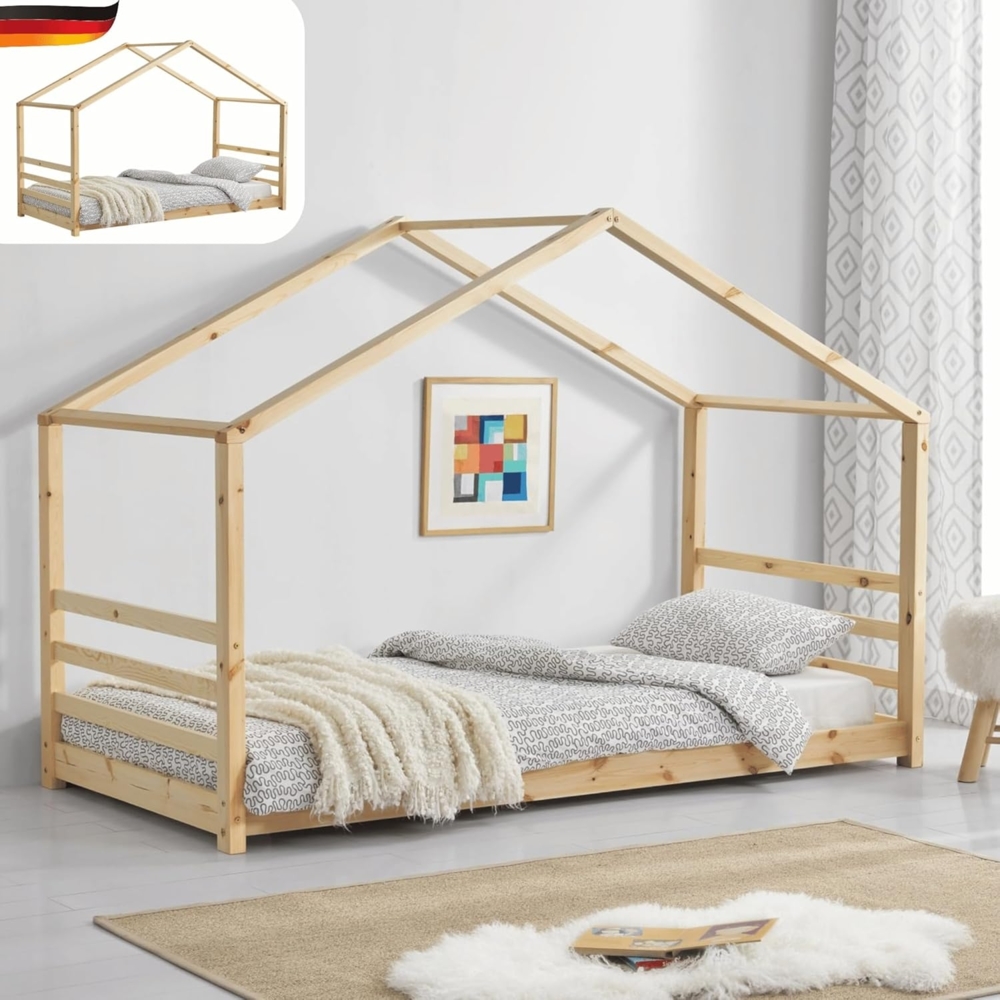 DELUKE® Kinderbett KLIO - mit Lattenrost Kiefernholz Haus-Optik Einzelbett aus Holz Hausbett Kinderzimmer Bodenbett Montessori Bett Braun 90x200 cm Bild 1