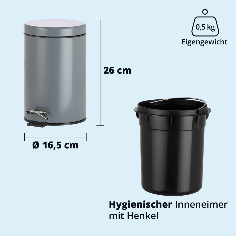 KHG Mülleimer Bad, Kosmetikeimer 3l | Abfalleimer Treteimer aus Aluminium in glänzendem Grau | herausnehmbarer Inneneimer, ideal für Küche, Badezimmer, Büro Bild 1