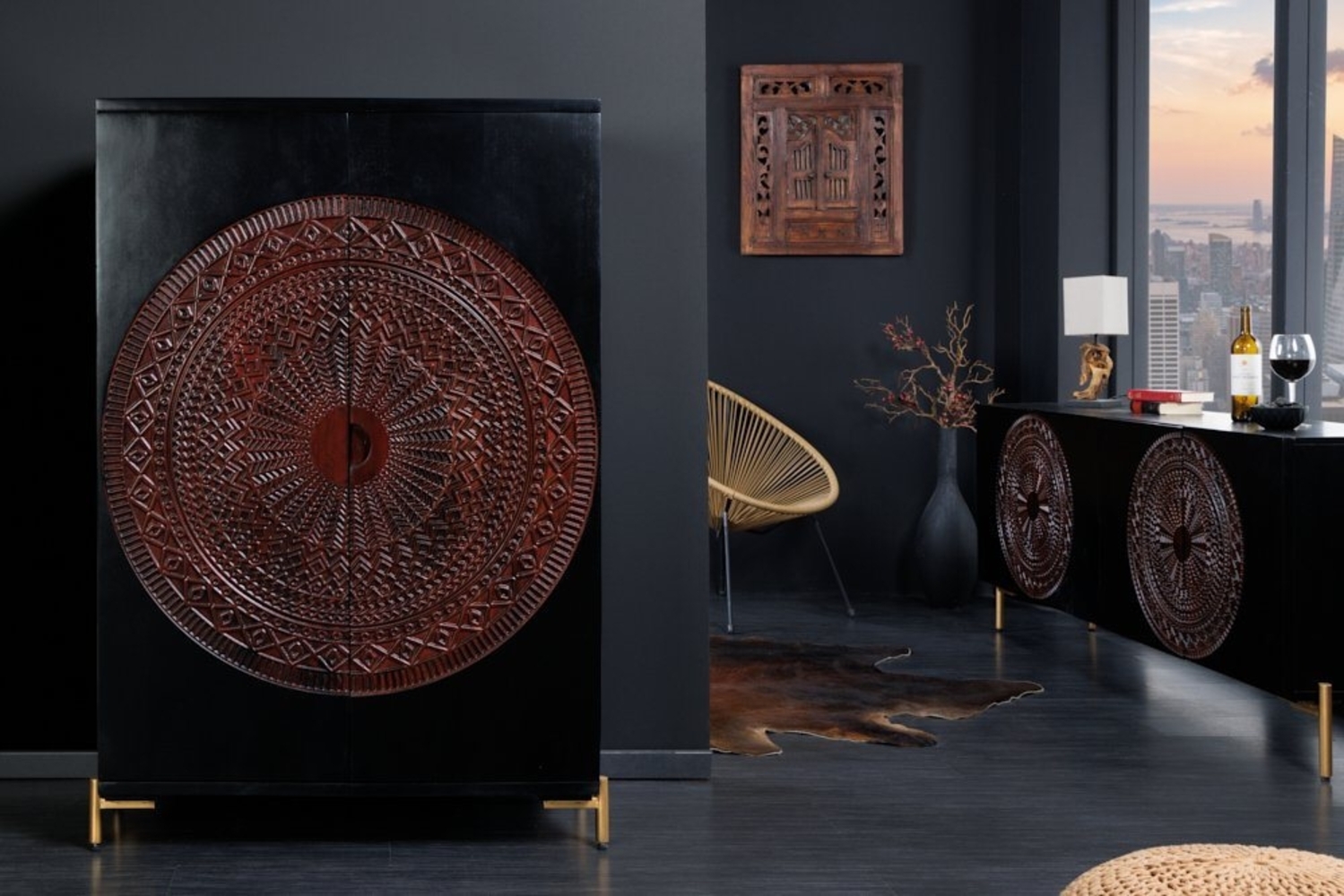 riess-ambiente Barschrank MANDALA 95cm schwarz / gold (Einzelartikel, 1-St) Wohnzimmer· Massivholz · Metall · Mango · XXL · Highboard · Boho Bild 1