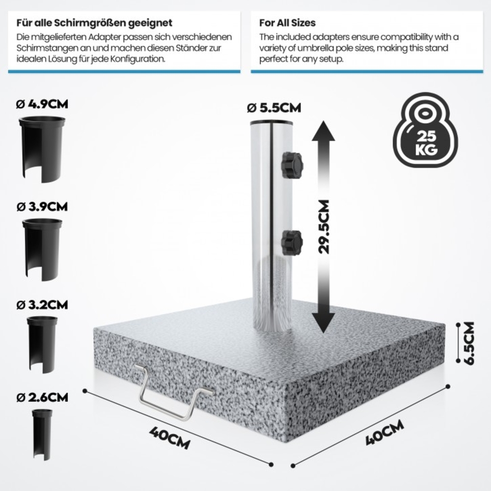 anaterra® Sonnenschirmständer - Granit, 25 kg, Quadratisch, mit Rollen und Griff, Edelstahl - Schirmständer, Sonnenschirmsockel, Ständer für Sonnenschirm, Balkon, Terasse, Garten, Outdoor Bild 1