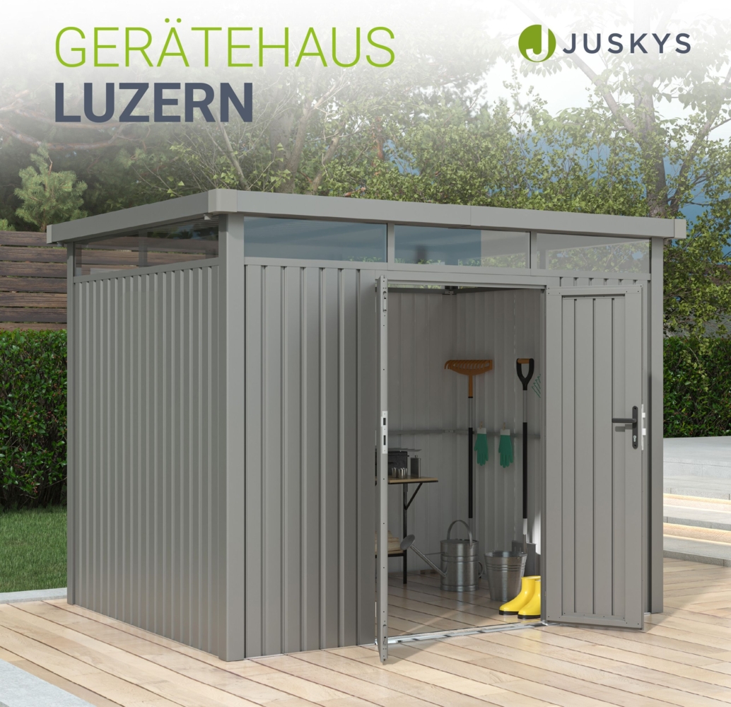 Juskys Gerätehaus Luzern Pro 6,8 m² - Metall Geräteschuppen mit Türen & Fenstern - wetterfest & abschließbar - Fahrradgarage, Gartenhaus - Taupe Bild 1