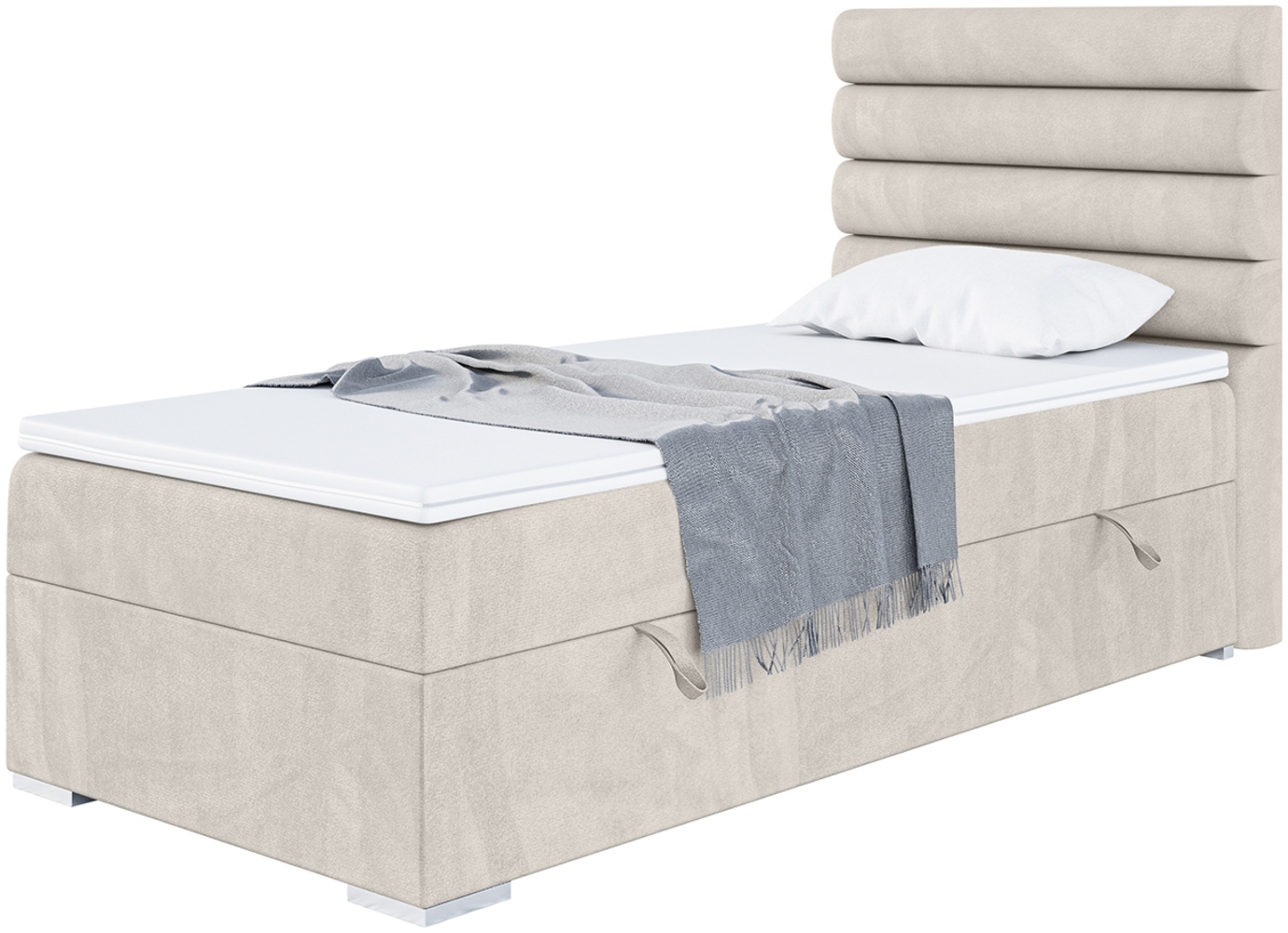 MEBLINI Boxspringbett KARIM 90x200 cm mit Bettkasten - H4/Beige Samt Gepolstert Einzelbett mit Topper & Taschenfederkern-Matratze - 90x200 Rechts Bild 1