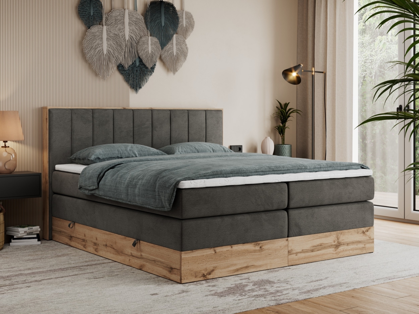 Boxspringbett BELLISSIMO KING, Doppelbett mit Multipocket-Matratze, Polsterbett mit Kopfstütze - 140 x 200 cm - Dunkelgrau Velvet - H4 Bild 1