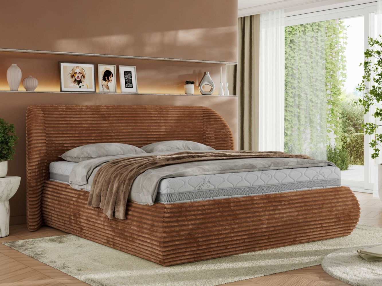 Polsterbett mit Lattenrost, Doppelbett Bettkasten, Bettgestell mit Gasdruckfeder - CAELA CLASSIC - 140 x 200 cm - Orange Cord Bild 1