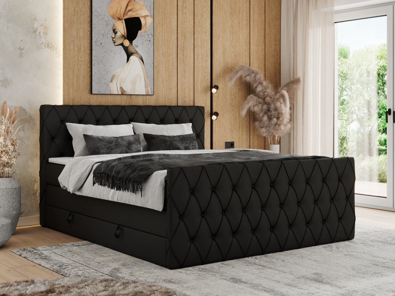 Boxspringbett, Doppelbett mit Fußteil, Multipocket-Matratzen und Topper, gestepptes Kopfteil und Front - MIREN KING DUO - 200 x 200 cm - Schwarz Kunstleder - H4 Bild 1